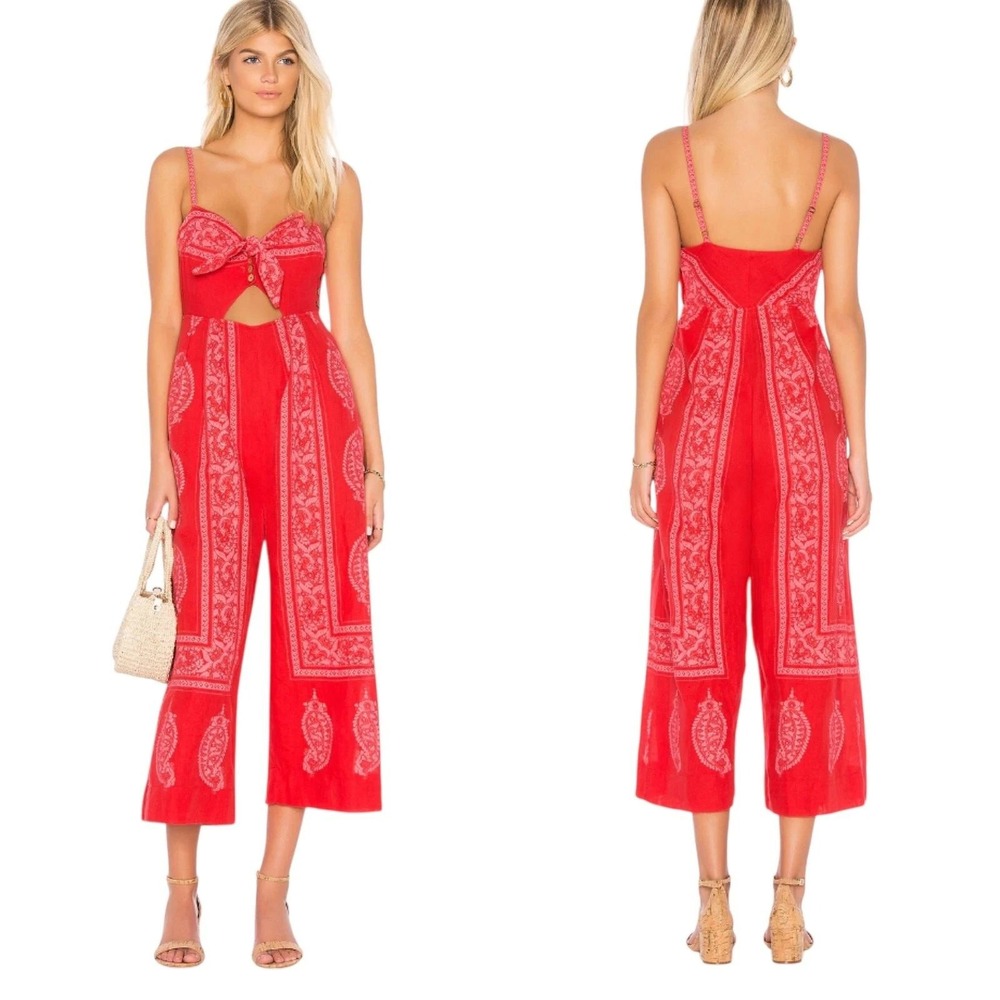 Free People Feel the Sun Paisley Linen Jumpsuit 4 Red Tie Front Boho Wide Leg